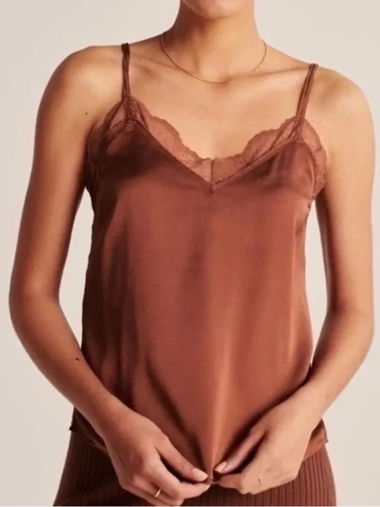 Abercrombie & Fitch Brown Lace-Trim Satin Camisole